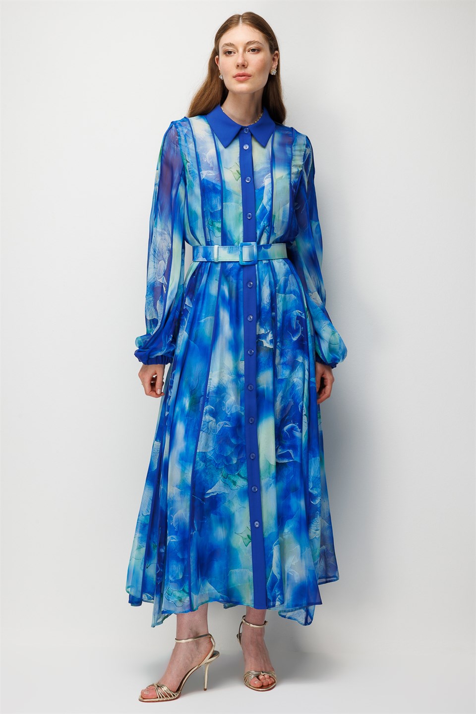 Patterned Chiffon Maxi Dress Turquoise