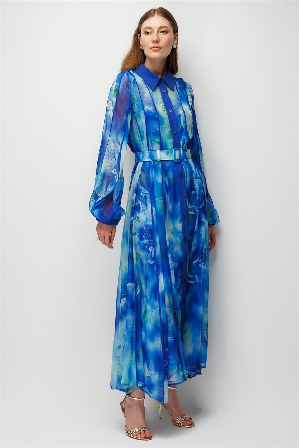 Patterned Chiffon Maxi Dress Turquoise