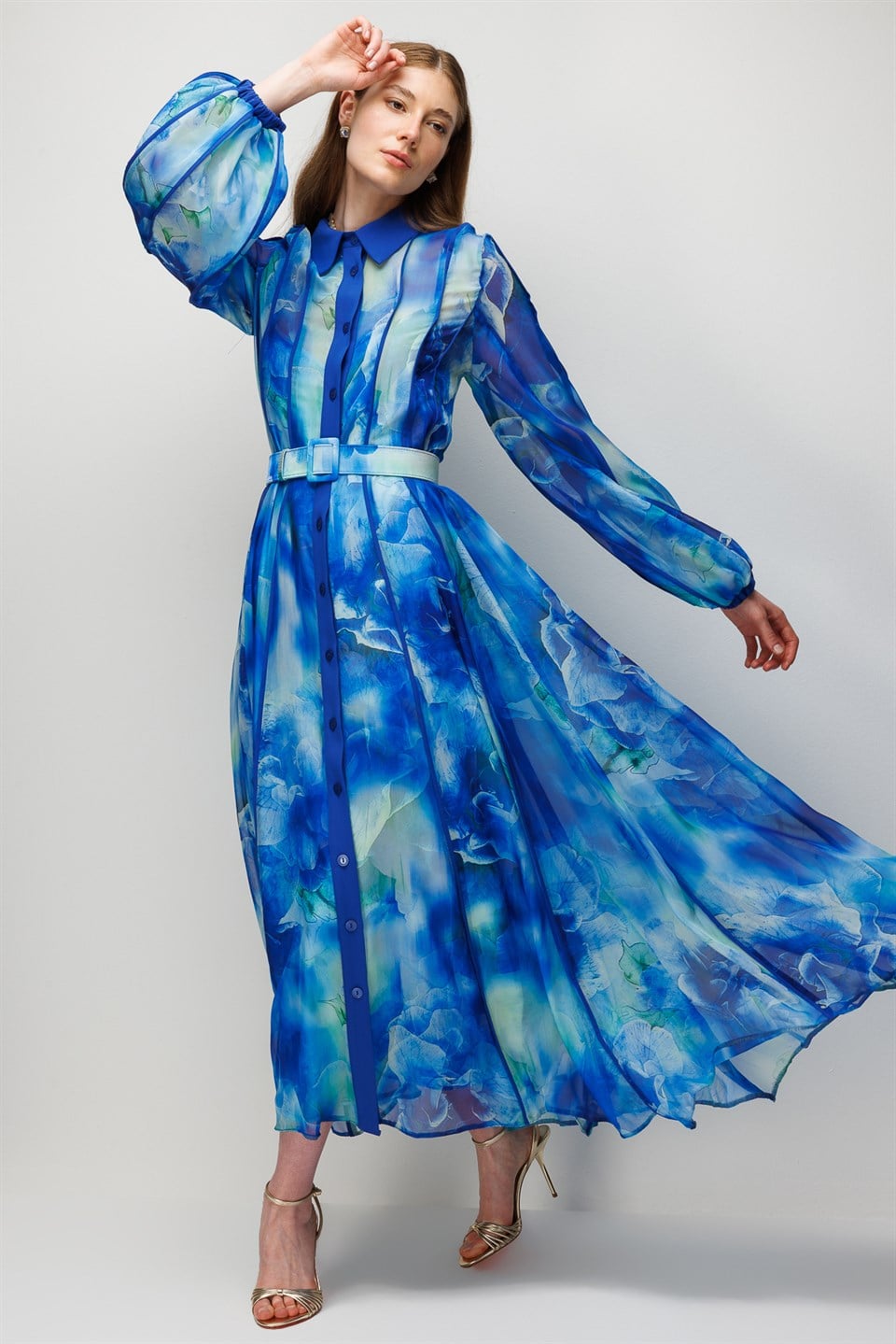 Patterned Chiffon Maxi Dress Turquoise