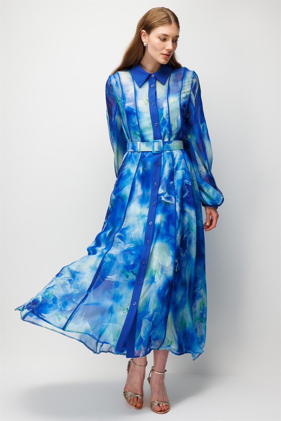 Patterned Chiffon Maxi Dress Turquoise