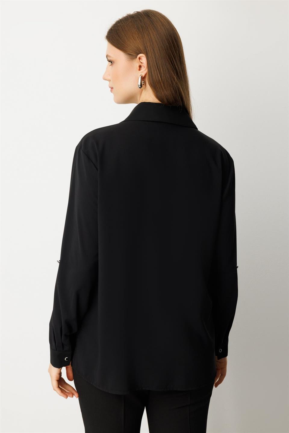  Önü Taşlı Boncuklu Büyük Beden Bluz Siyah