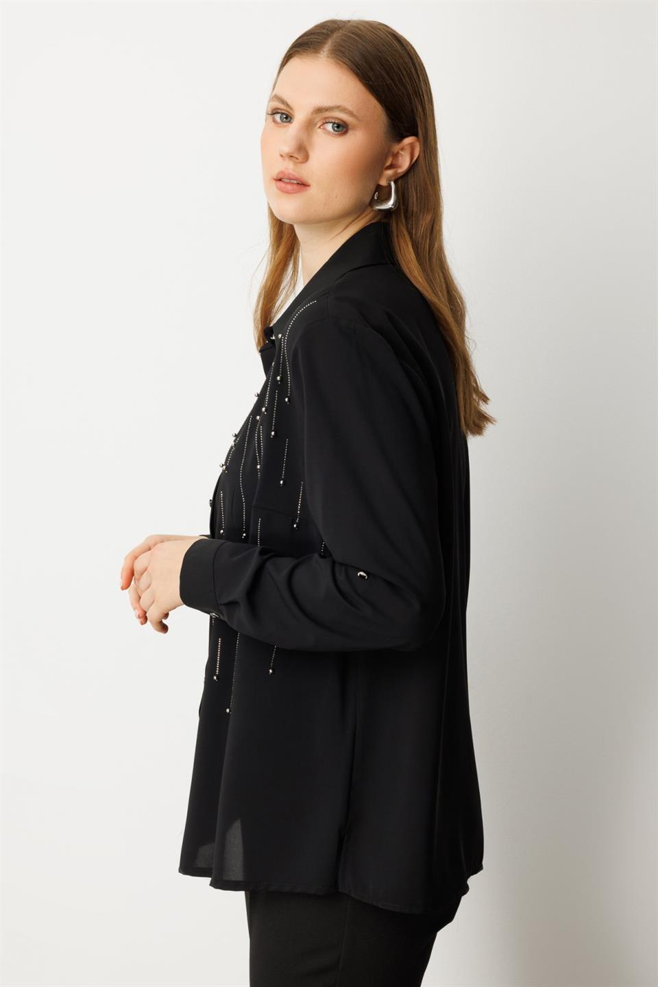  Önü Taşlı Boncuklu Büyük Beden Bluz Siyah