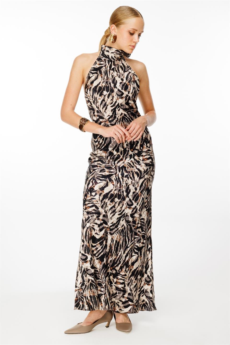 Boyundan Bağlamalı Verev Elbise DESENLİ