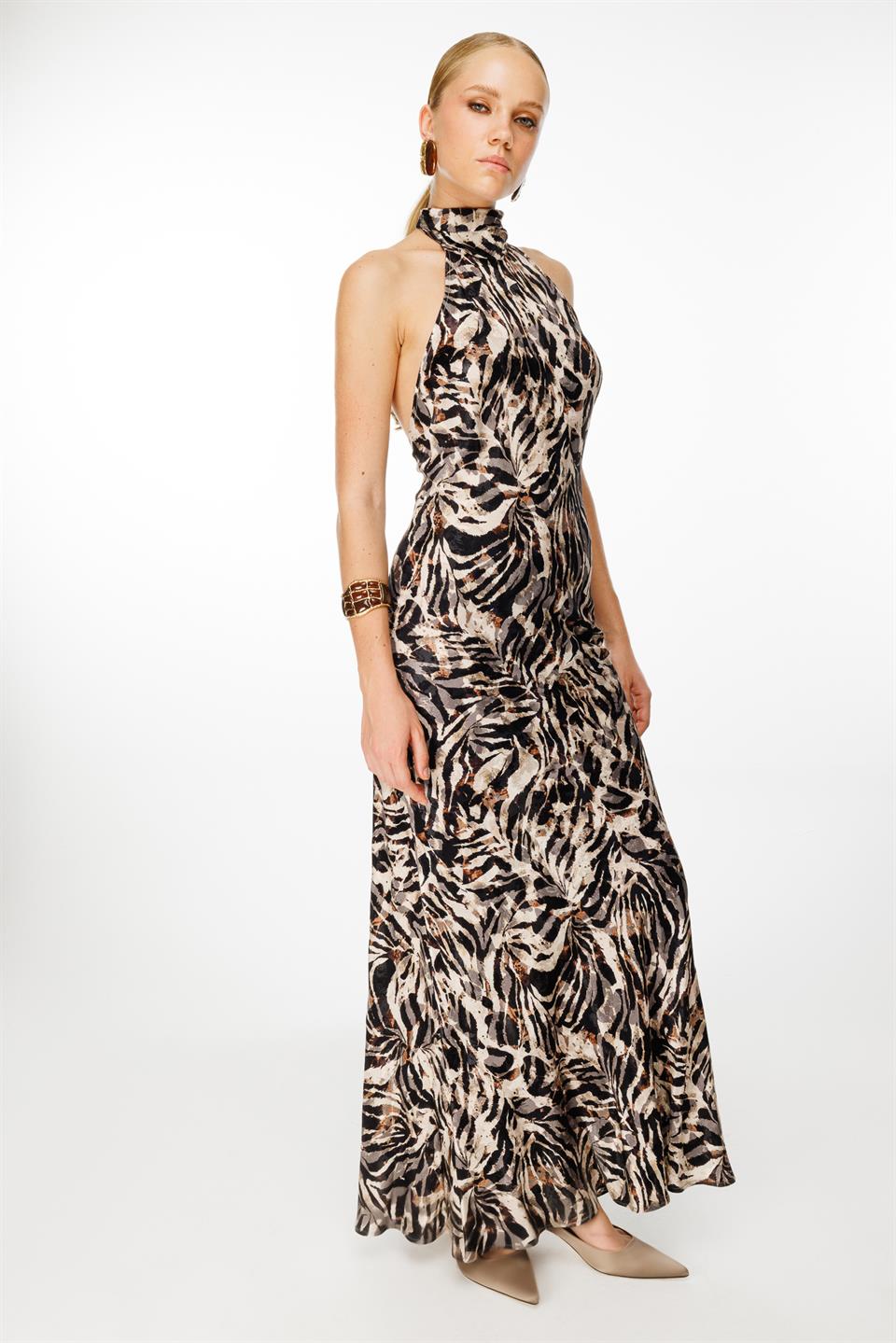 Boyundan Bağlamalı Verev Elbise DESENLİ