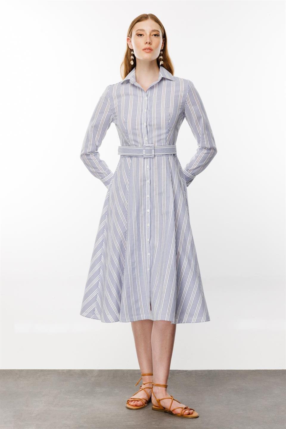 Embroidery Striped Shirt Dress BLUE
