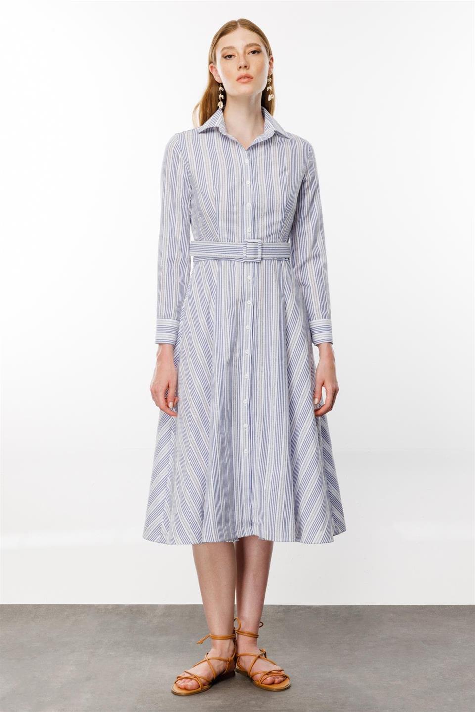 Embroidery Striped Shirt Dress BLUE