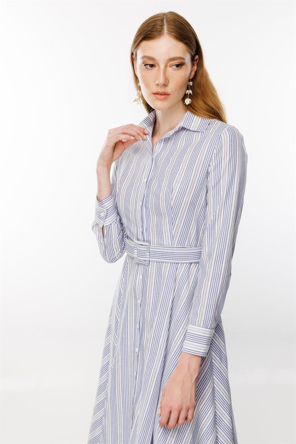 Embroidery Striped Shirt Dress BLUE