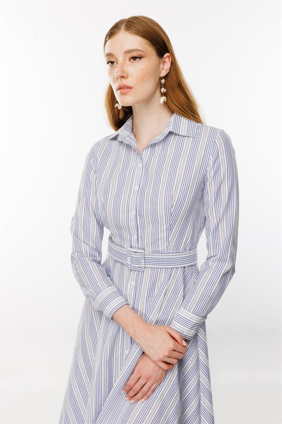 Embroidery Striped Shirt Dress BLUE