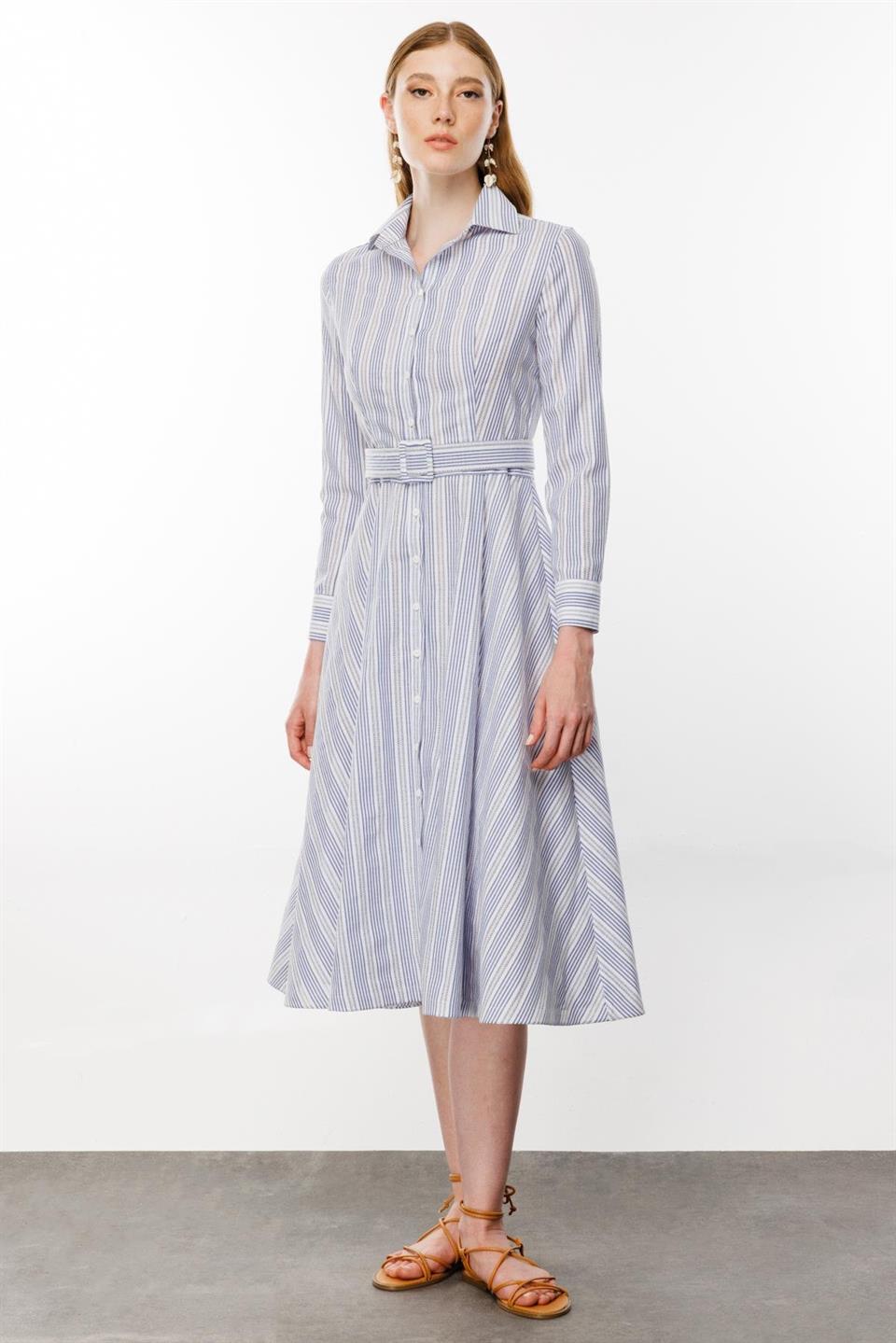 Embroidery Striped Shirt Dress BLUE