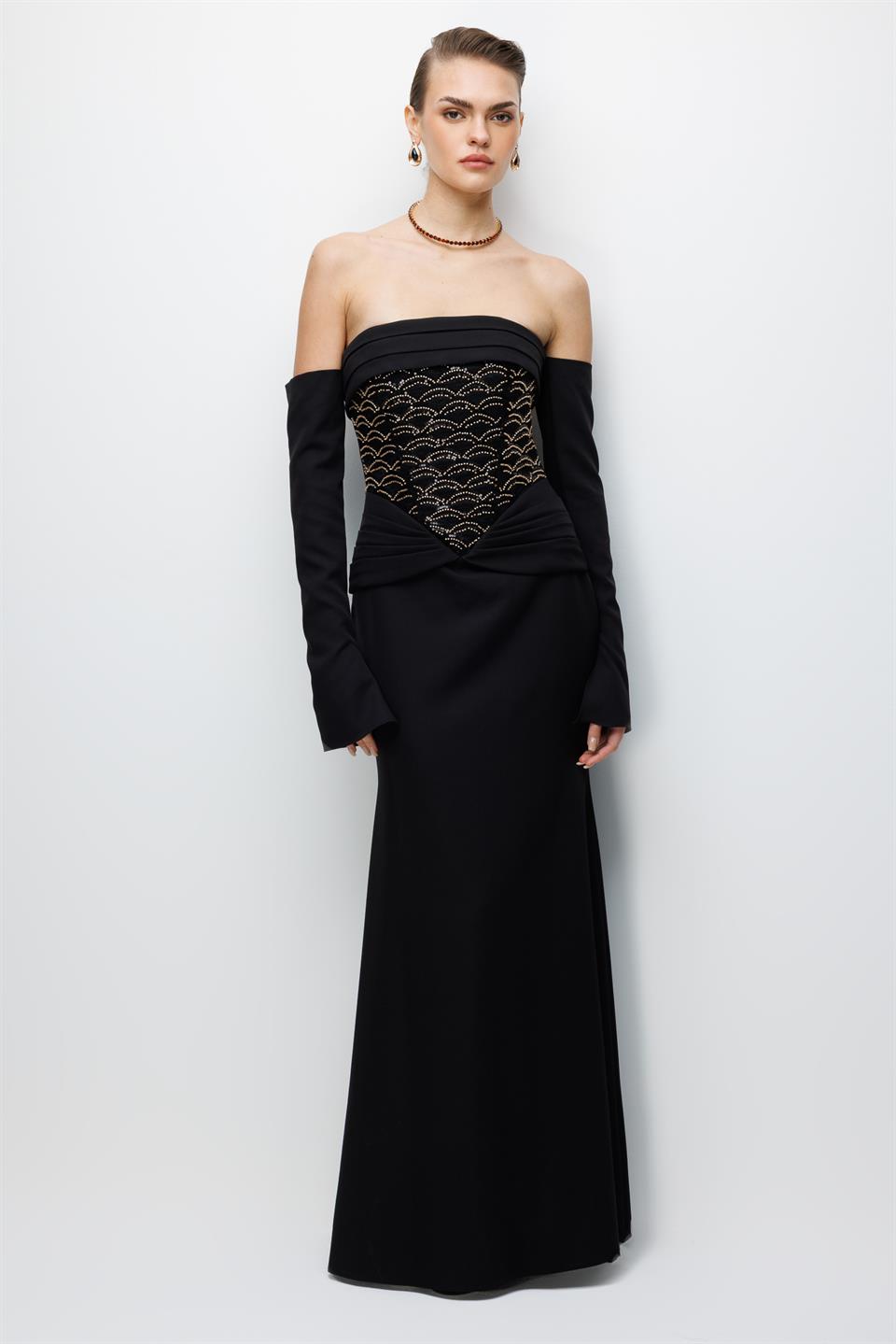 Bustiyer Detaylı Maxi Boy Abiye SİYAH