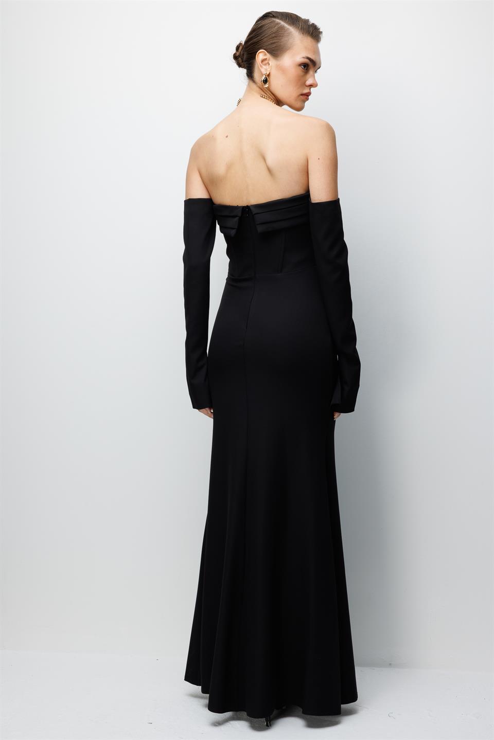 Bustiyer Detaylı Maxi Boy Abiye SİYAH