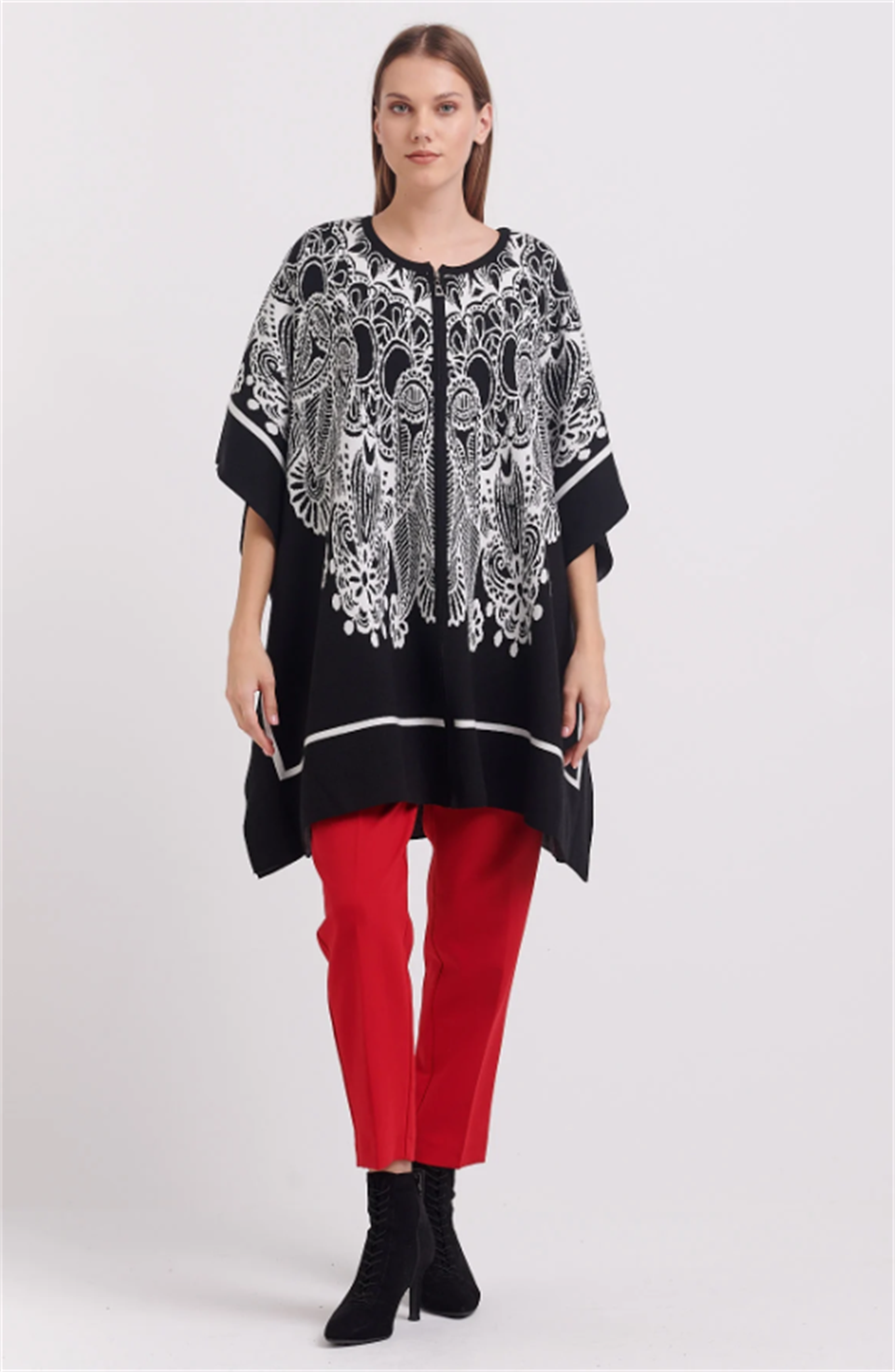 LARGE PATTERNED ZIPPER PONCHO BLACK