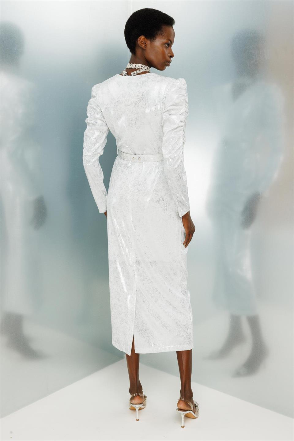 Ruffle Detailed Double Breasted Sequin Dress ECRU