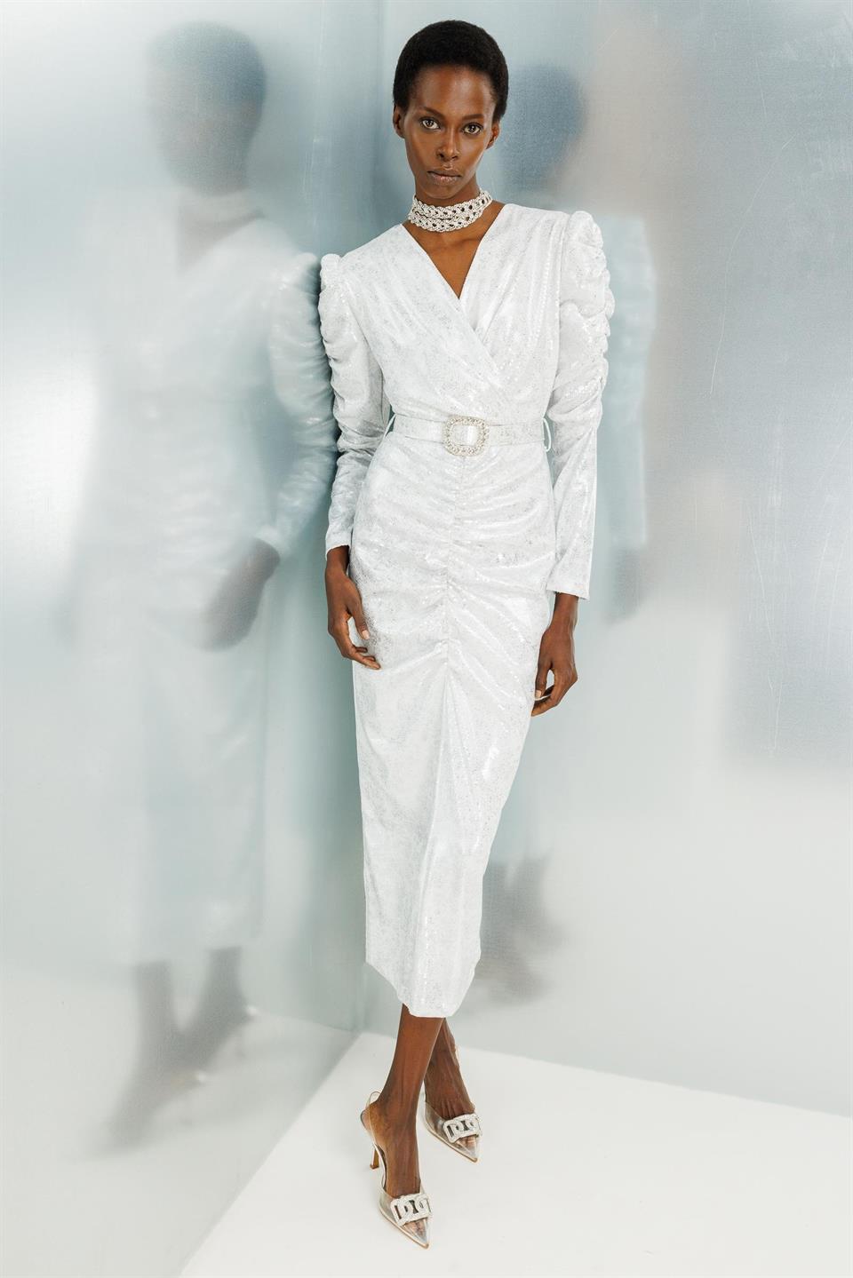 Ruffle Detailed Double Breasted Sequin Dress ECRU