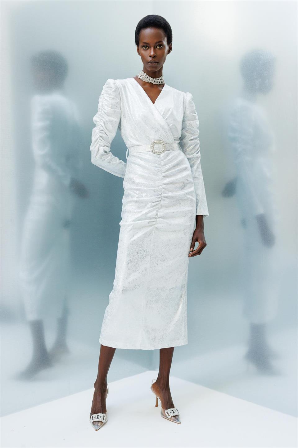 Ruffle Detailed Double Breasted Sequin Dress ECRU