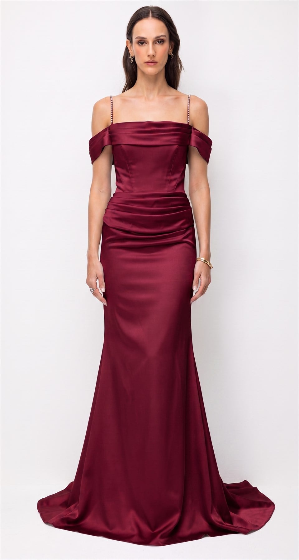 Off-the-Shoulder Satin Evening Gown with Embellished Straps BURGUNDY