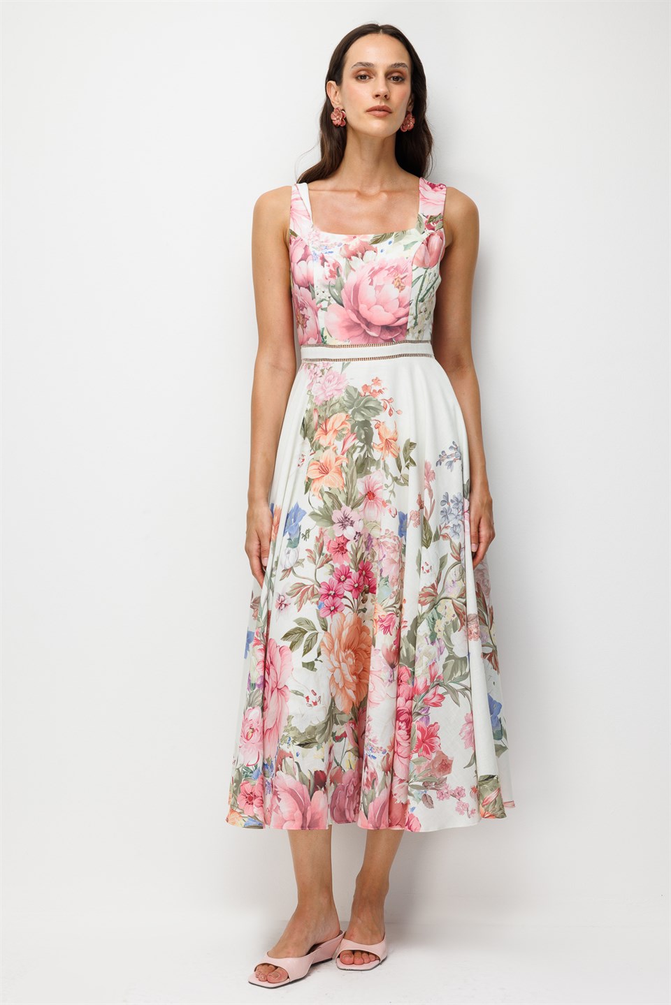 Floral Desenli Kare Yaka Midi Elbise EKRU