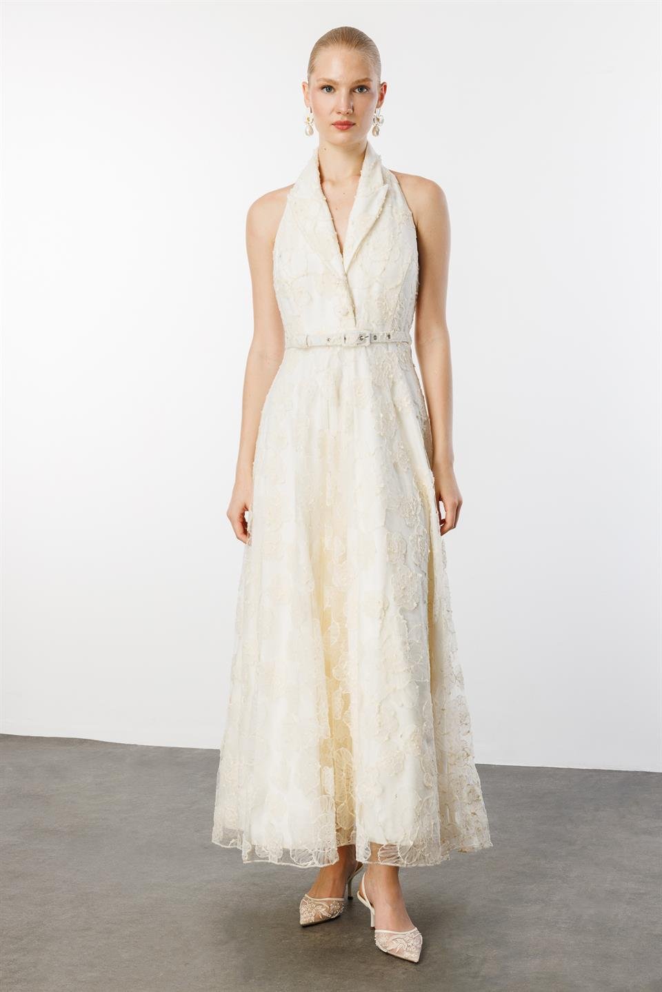 Ceket Yaka Halter Kol Uzun Elbise BEYAZ