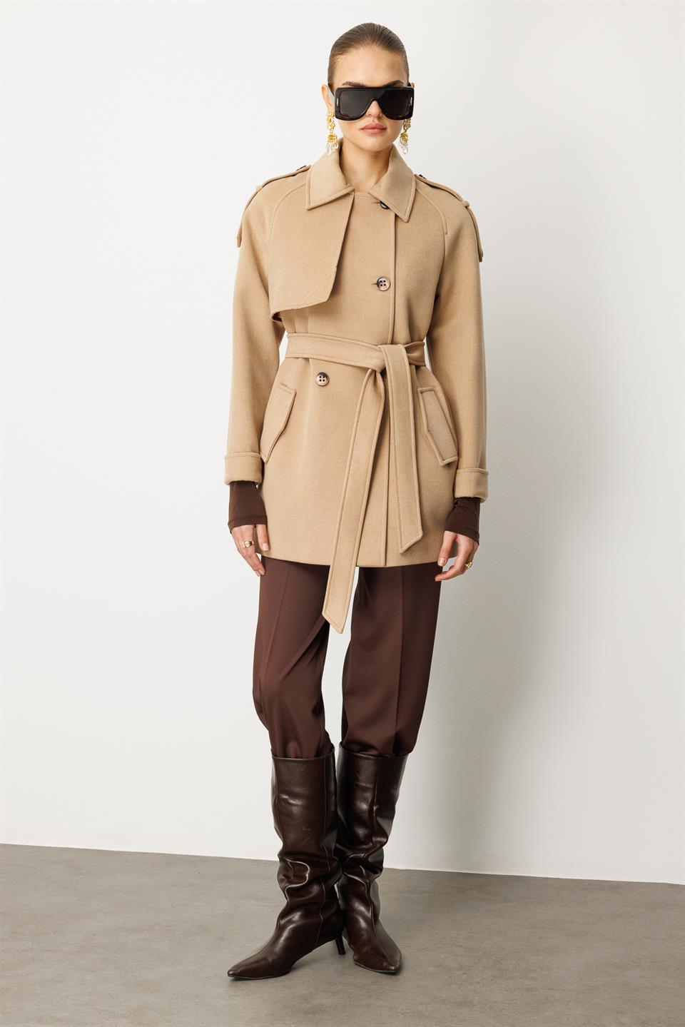 Ceket Yaka Kaşe Kaban CAMEL