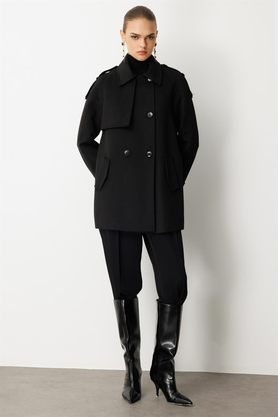 Ceket Yaka Kaşe Kaban SİYAH