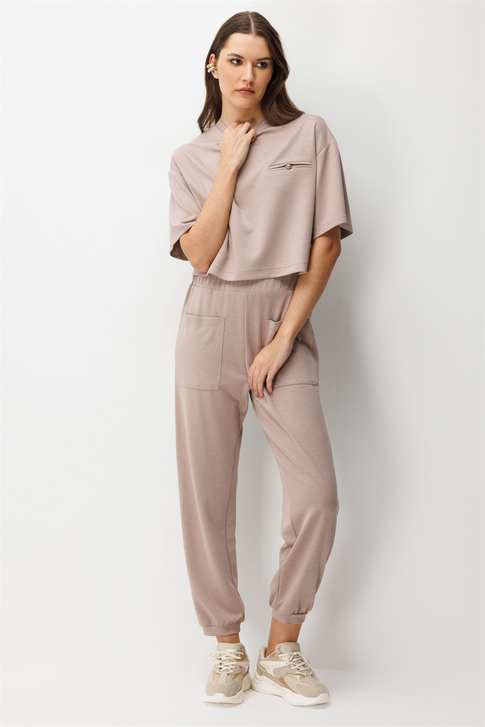 Cep Detay Bluz Pantolonı 2li Takım BEJ