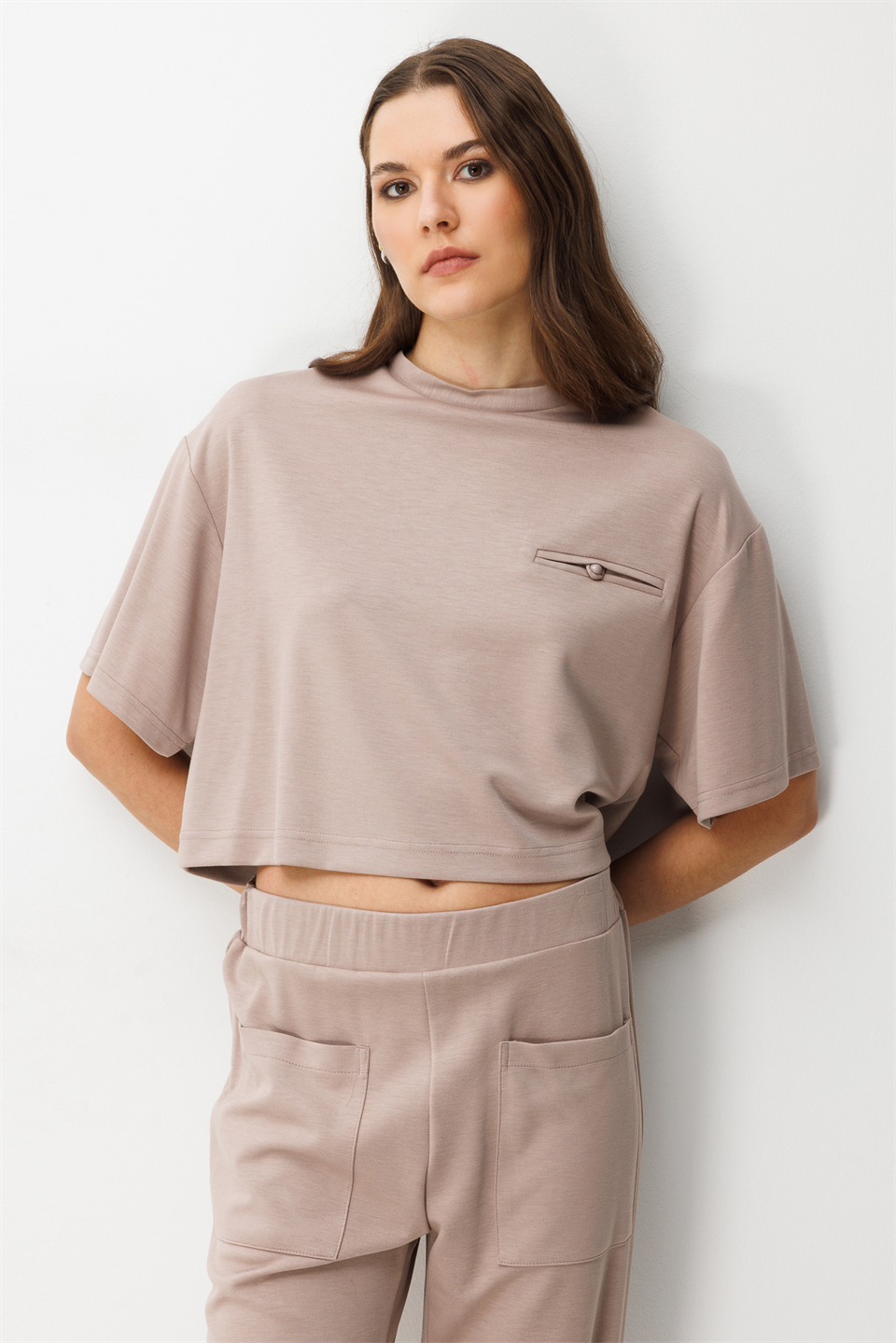 Cep Detay Bluz Pantolonı 2li Takım BEJ