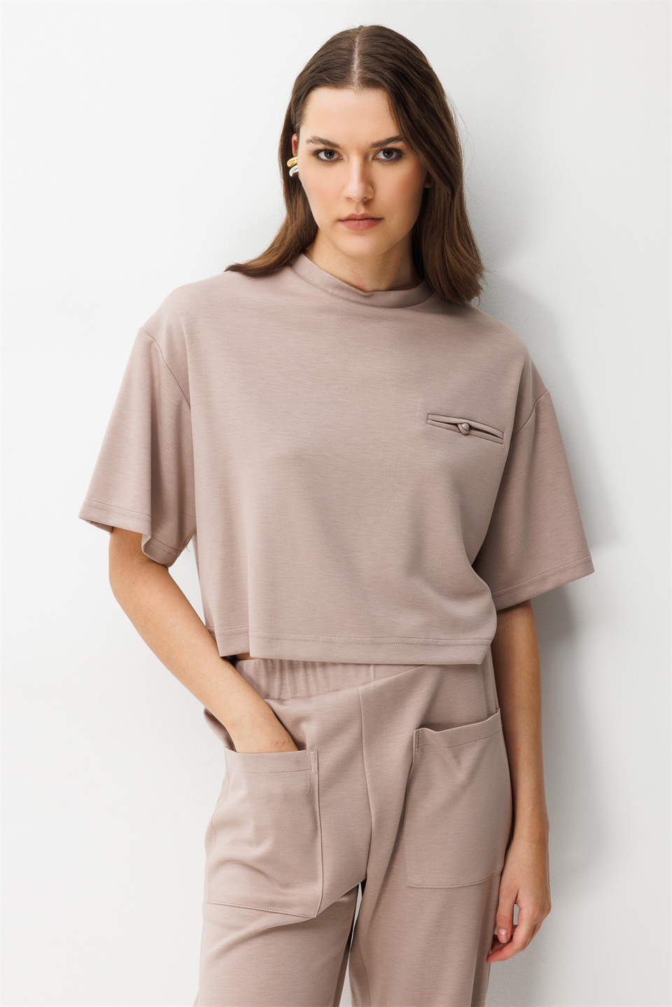 Cep Detay Bluz Pantolonı 2li Takım BEJ