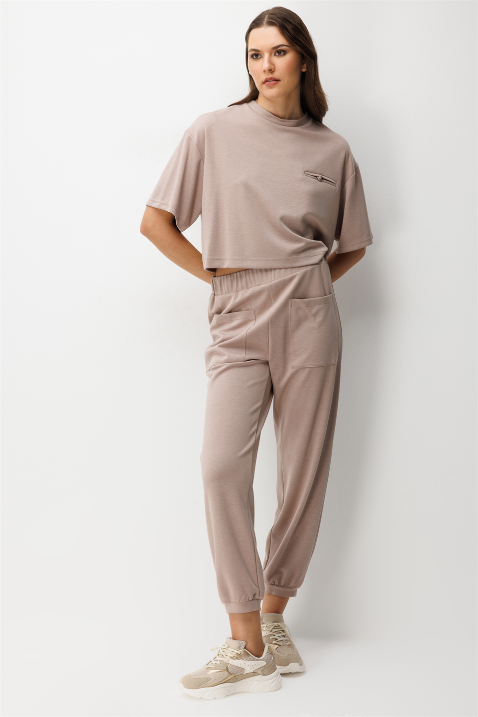 Cep Detay Bluz Pantolonı 2li Takım BEJ