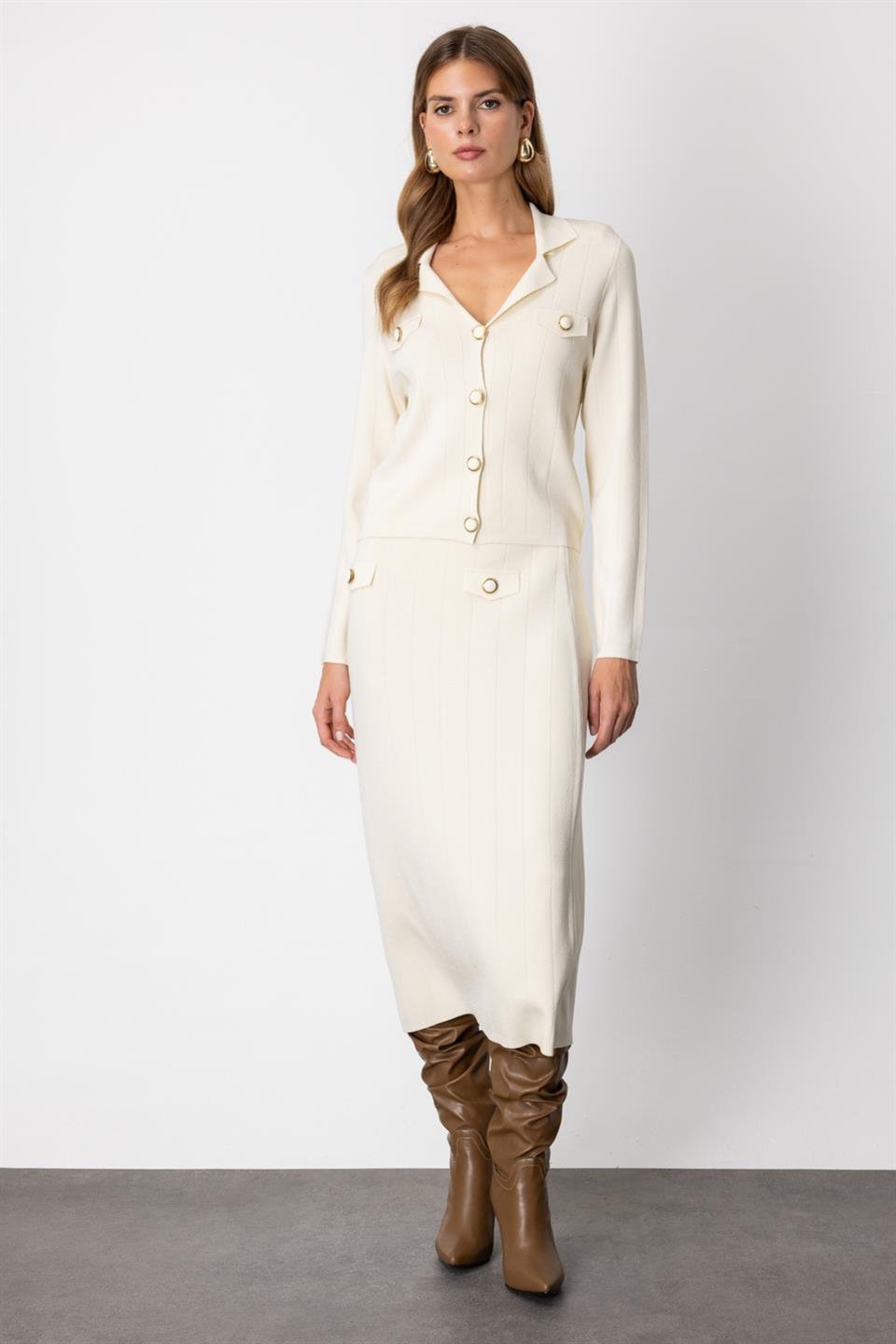 Cep Kapaklı Midi Etek KREM