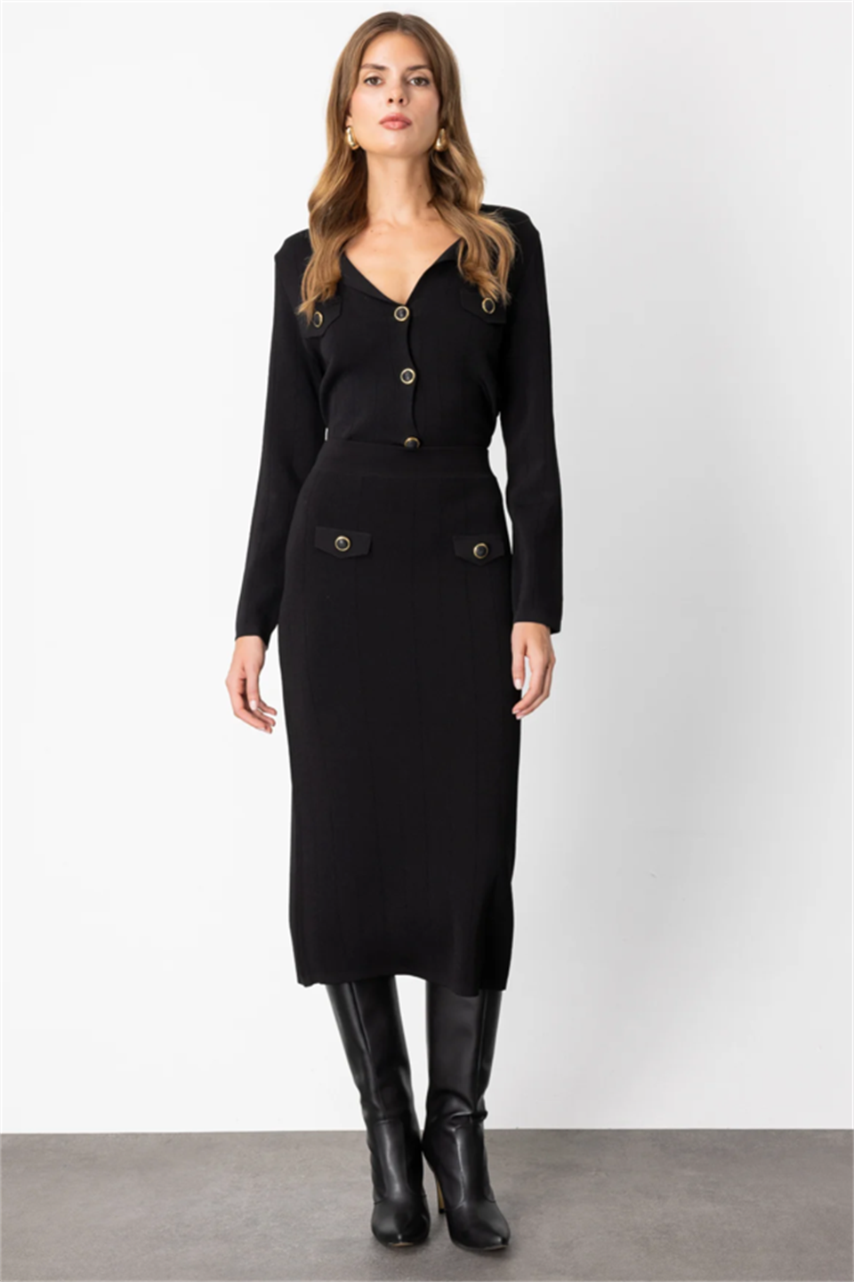 Cep Kapaklı Midi Etek SİYAH