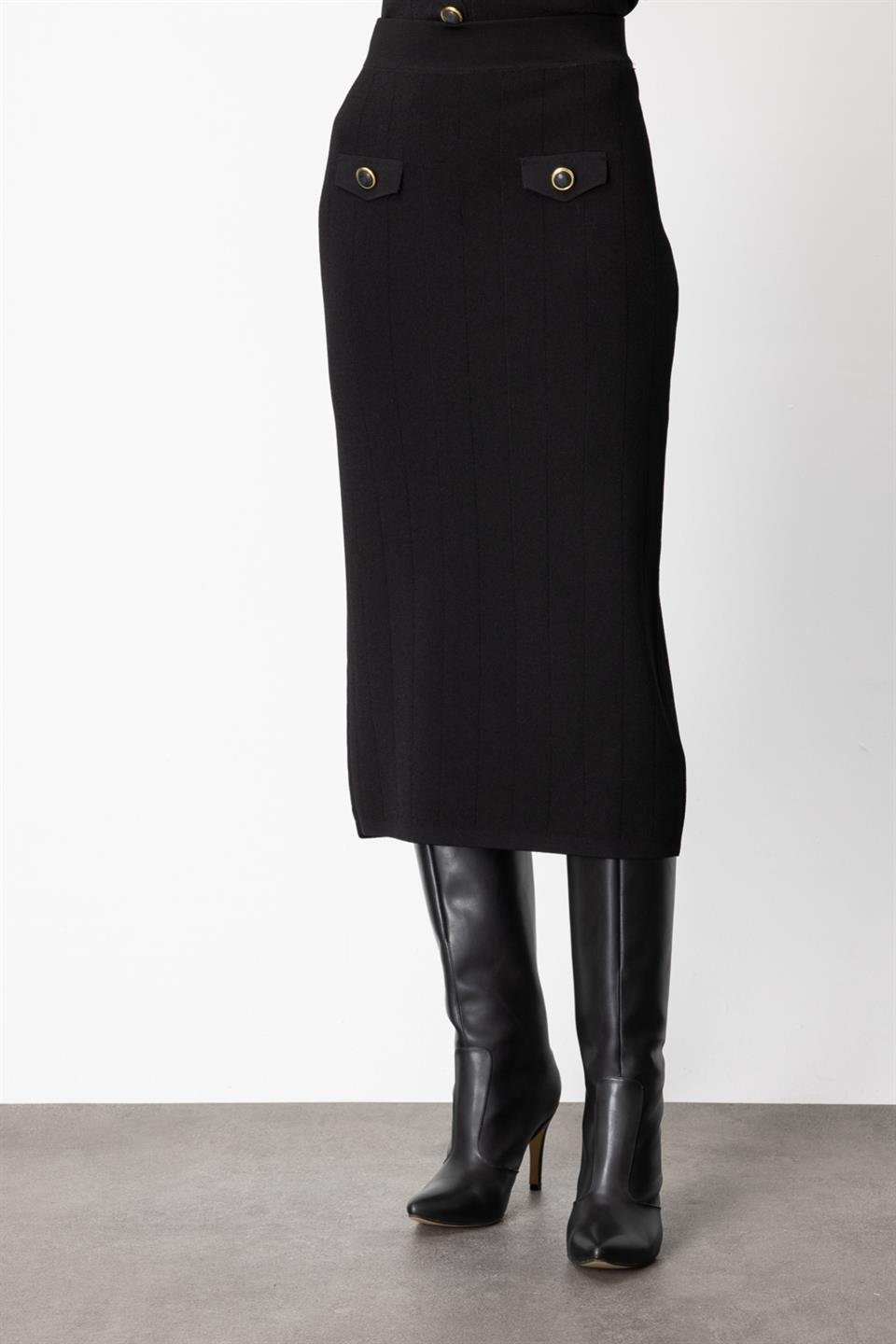 Cep Kapaklı Midi Etek SİYAH