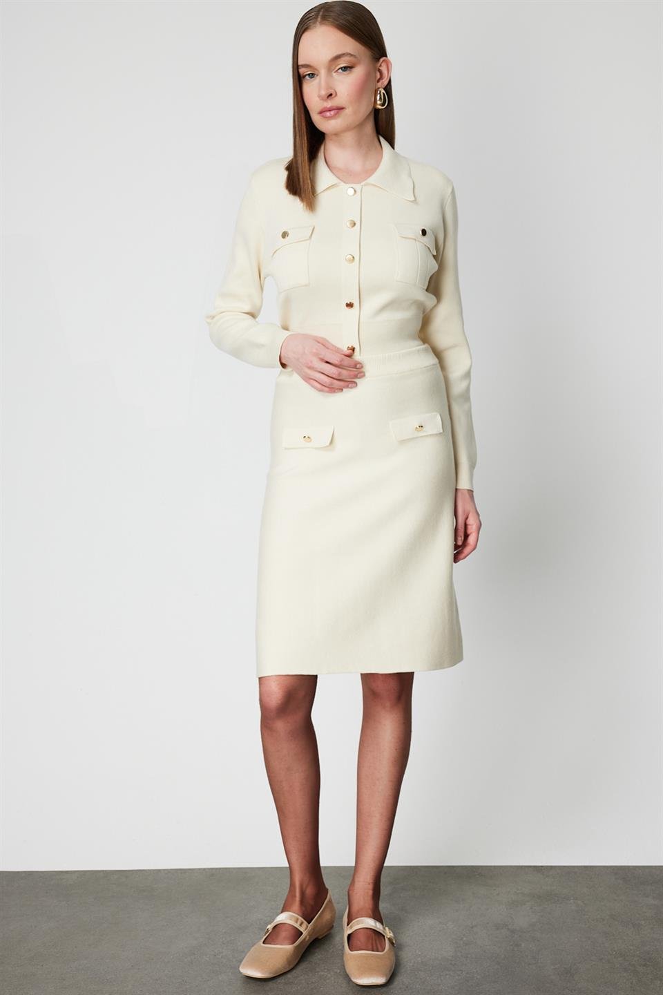 Cep Kapaklı Mini Etek KREM