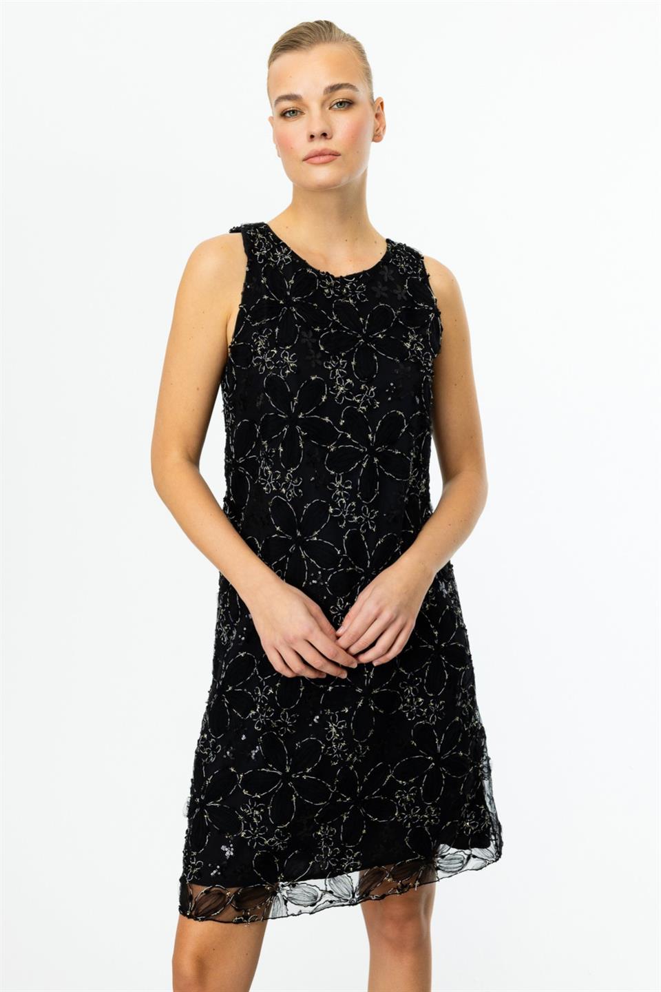 Floral Patterned Lined Sleeveless Dress BLACK