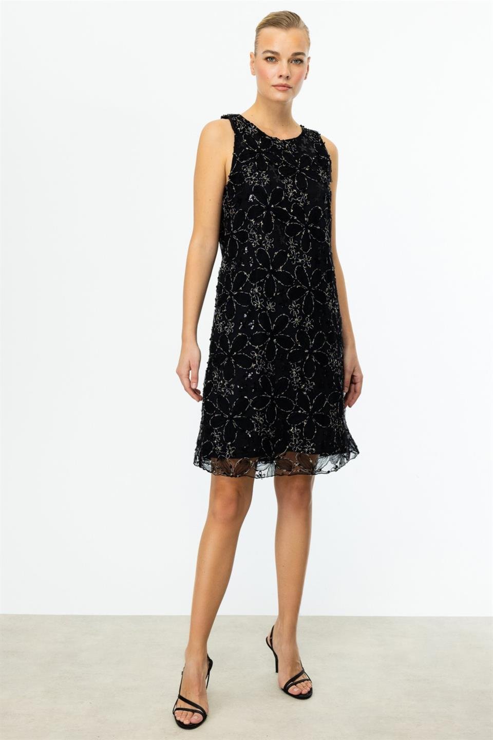 Floral Patterned Lined Sleeveless Dress BLACK