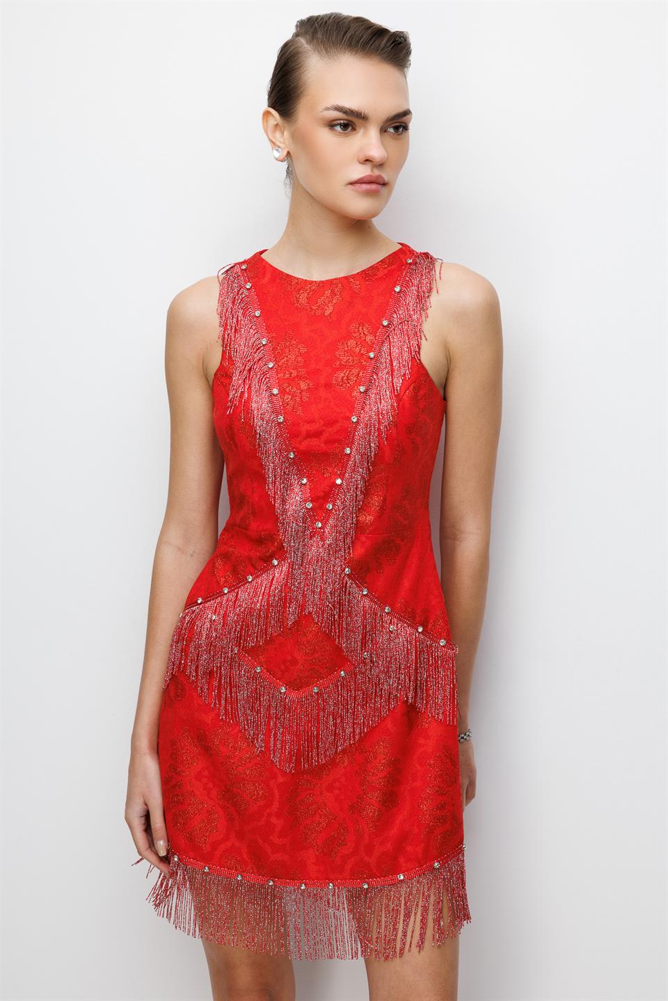 Çiçek Desenli Püskül Ve İşleme Detaylı Mini Elbise KIRMIZI