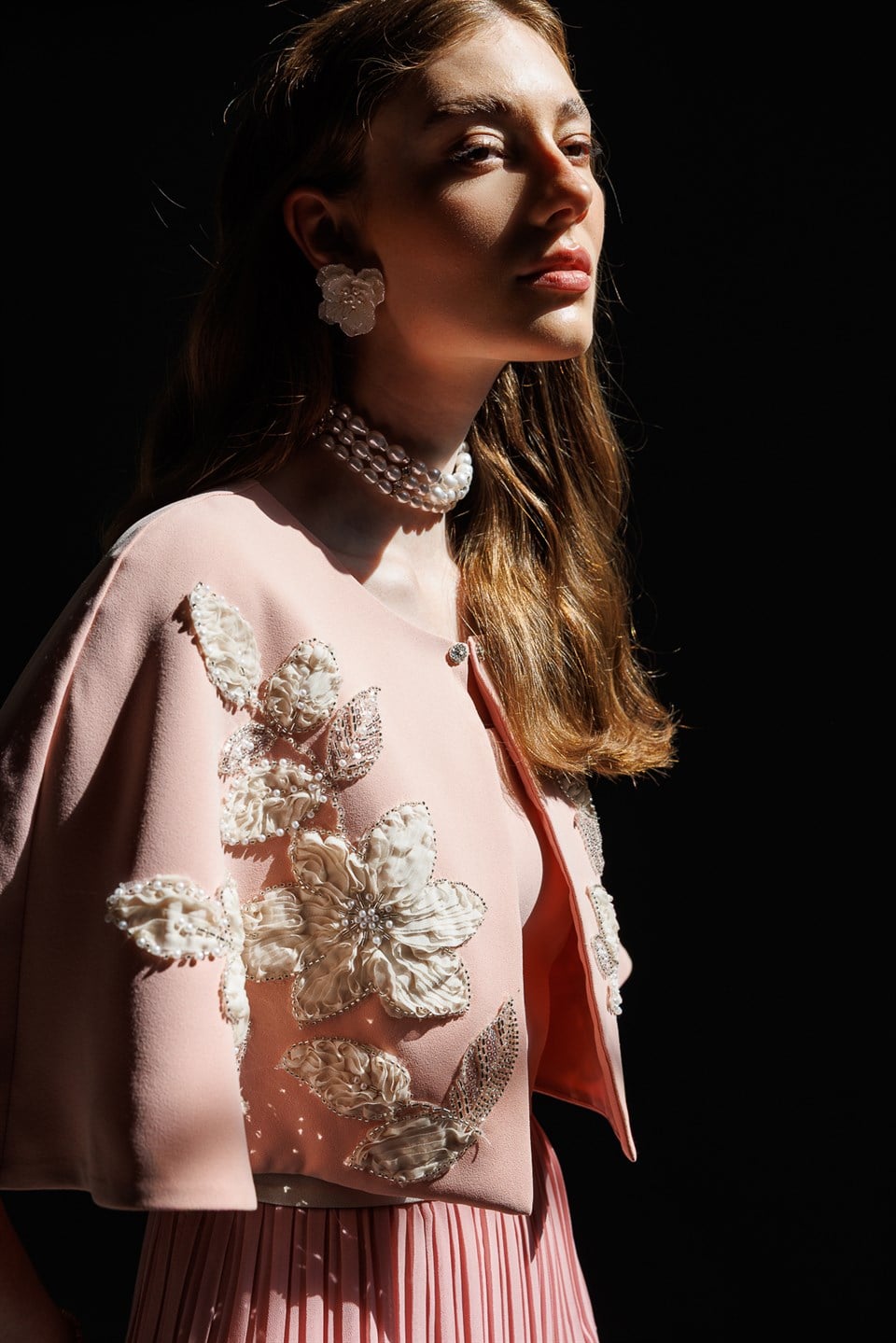 Floral Embroidered Cape & Pleated Midi Dress Set Pink