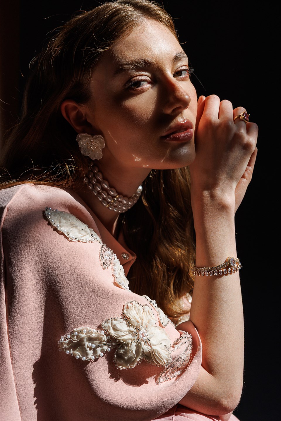 Floral Embroidered Cape & Pleated Midi Dress Set Pink