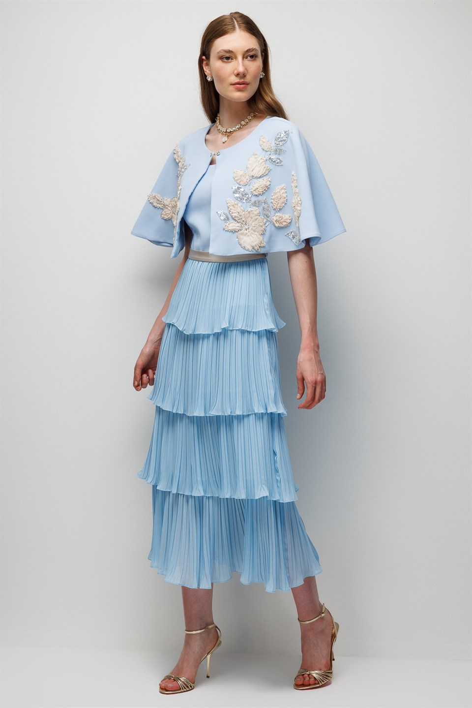 Floral Embroidered Cape & Pleated Midi Dress Set  Blue