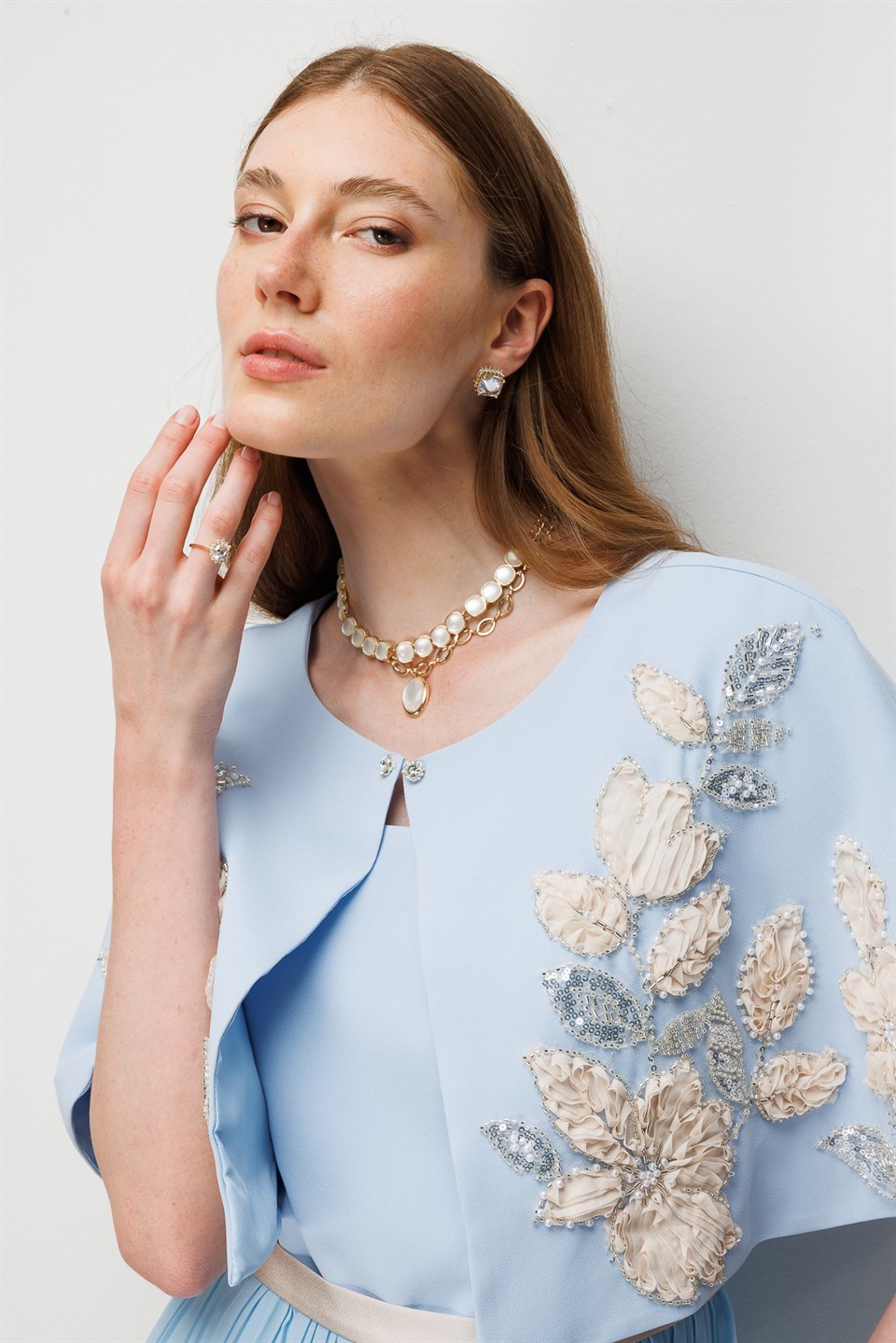 Floral Embroidered Cape & Pleated Midi Dress Set  Blue