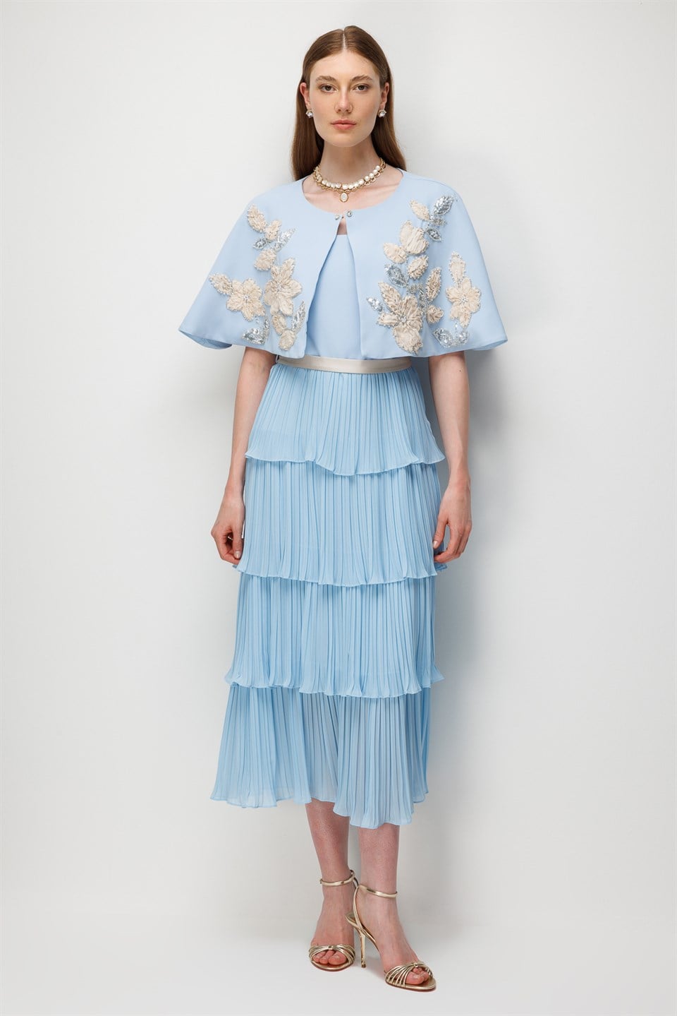 Floral Embroidered Cape & Pleated Midi Dress Set  Blue