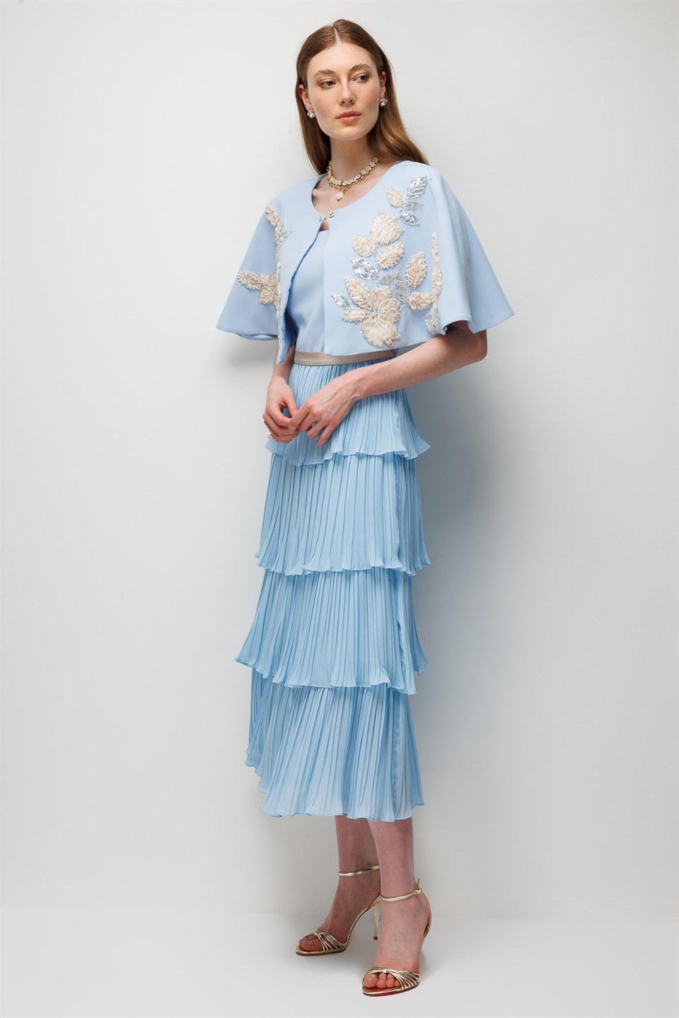 Floral Embroidered Cape & Pleated Midi Dress Set  Blue