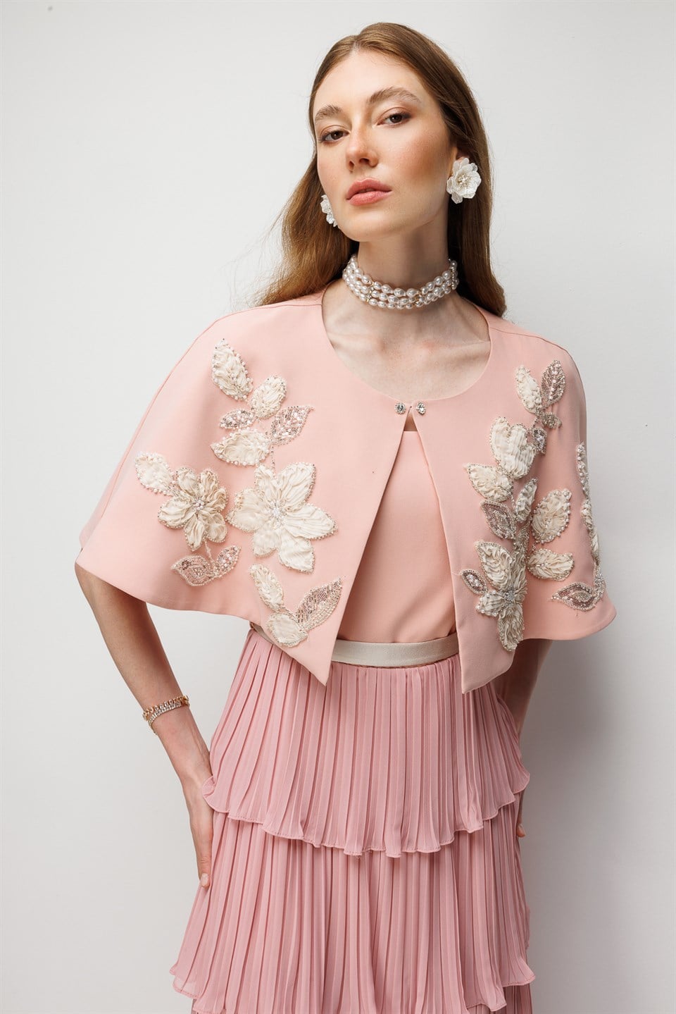 Floral Embroidered Cape & Pleated Midi Dress Set Pink