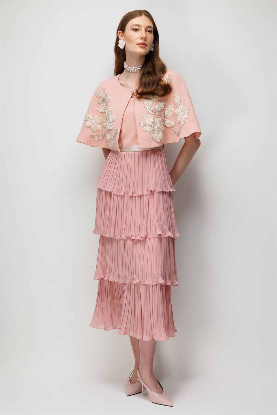 Floral Embroidered Cape & Pleated Midi Dress Set Pink