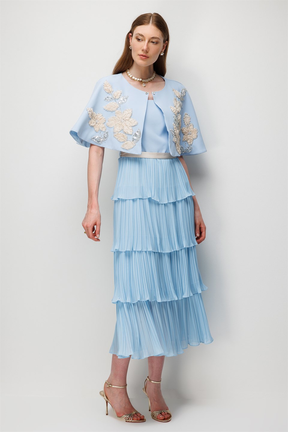 Floral Embroidered Cape & Pleated Midi Dress Set  Blue