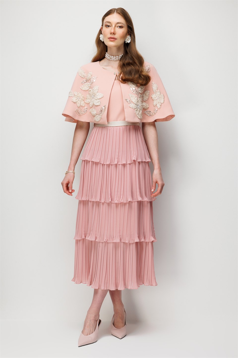 Floral Embroidered Cape & Pleated Midi Dress Set Pink