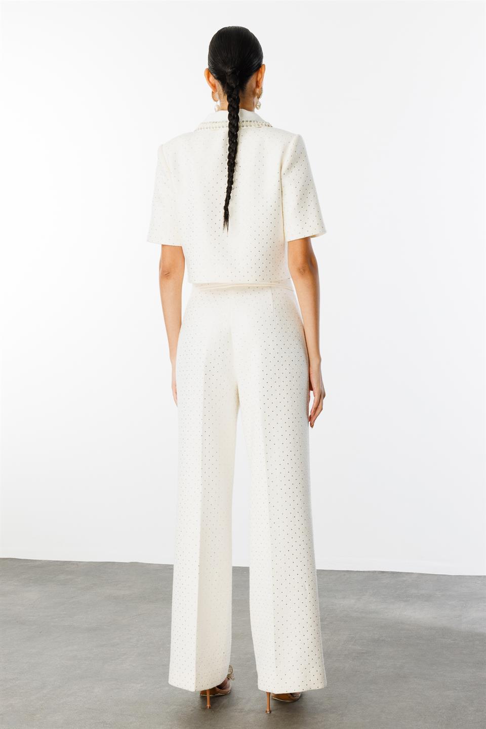 Çıkarılabilir Bebe Yaka Taş İşlemeli Düz Taşlı  Ceket Pantolon Takım EKRU