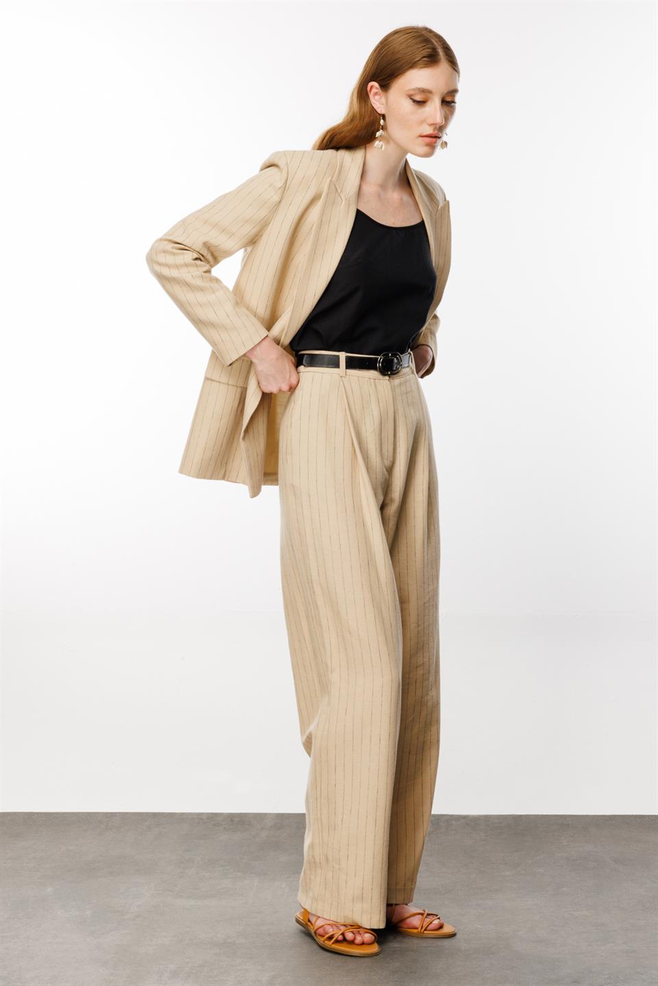 Çizgili Oversize Ceket BEJ