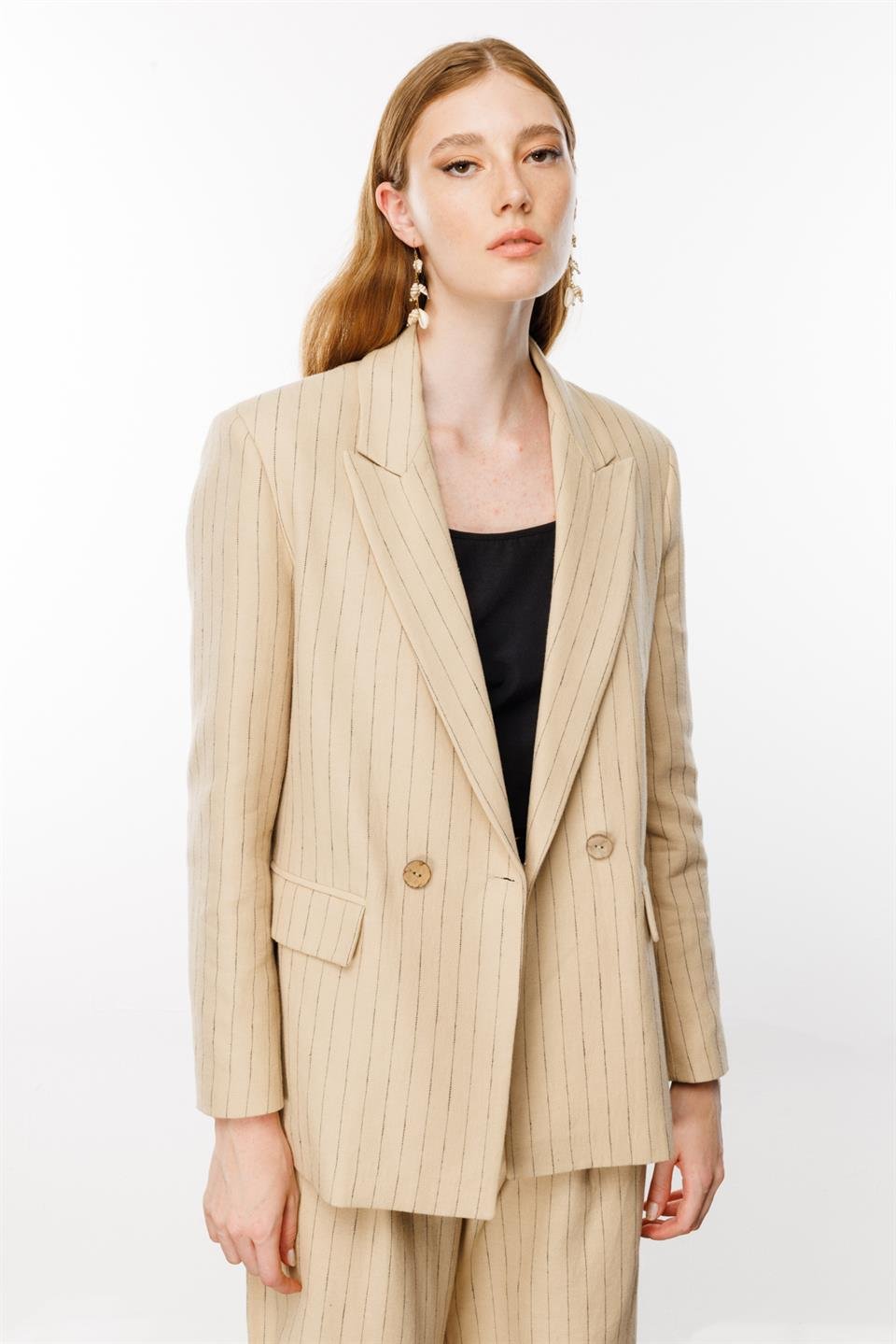 Çizgili Oversize Ceket BEJ