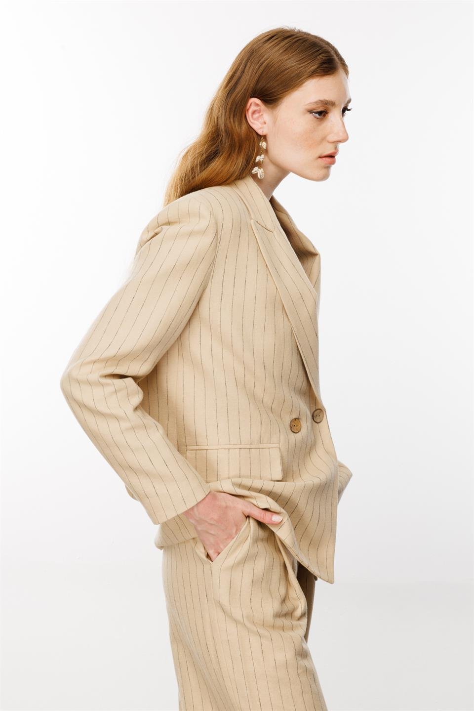 Çizgili Oversize Ceket BEJ