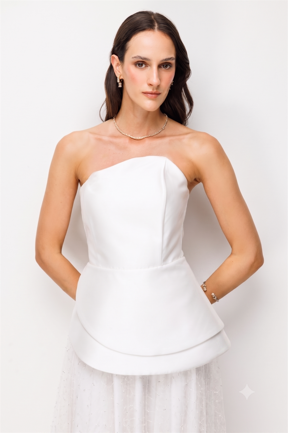 Sırtı Bağcık Detaylı Peplum Katlı Tül Abiye Elbise EKRU